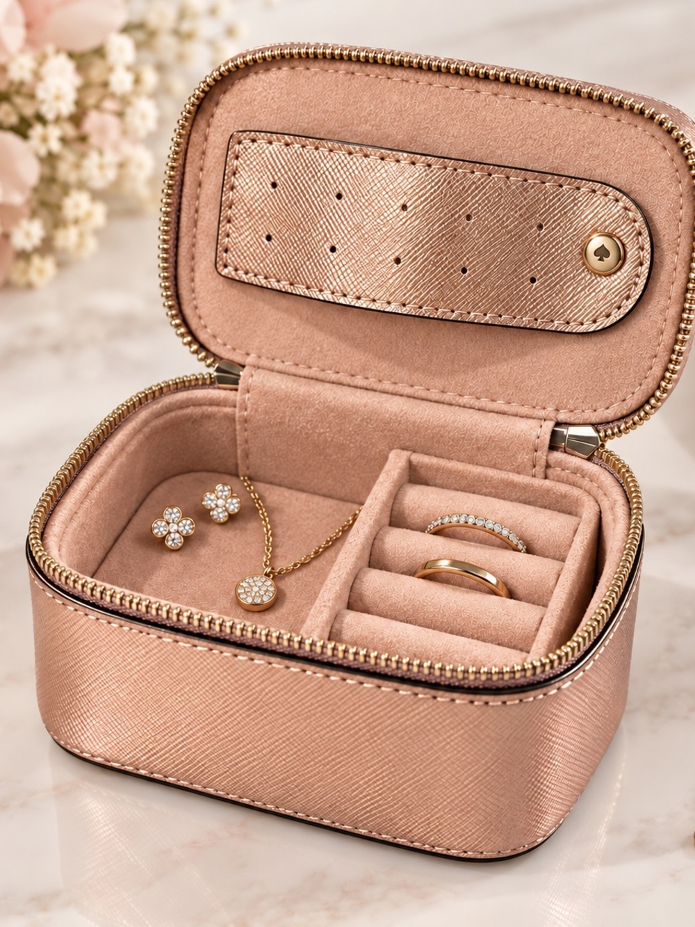 Kate Spade Rose Gold Metallic Travel Jewelry Case Zip Box